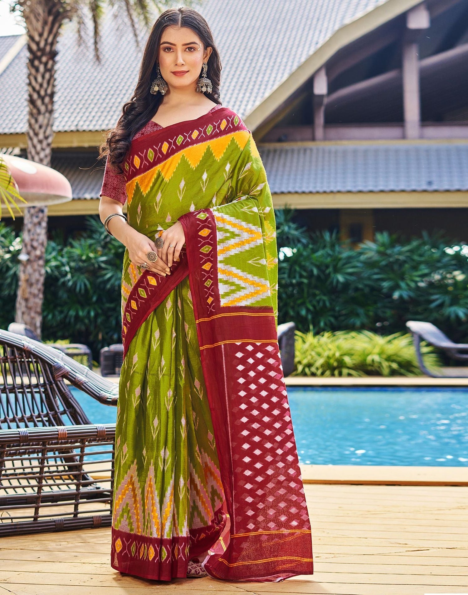 Light Olive Green Printed Cotton Saree