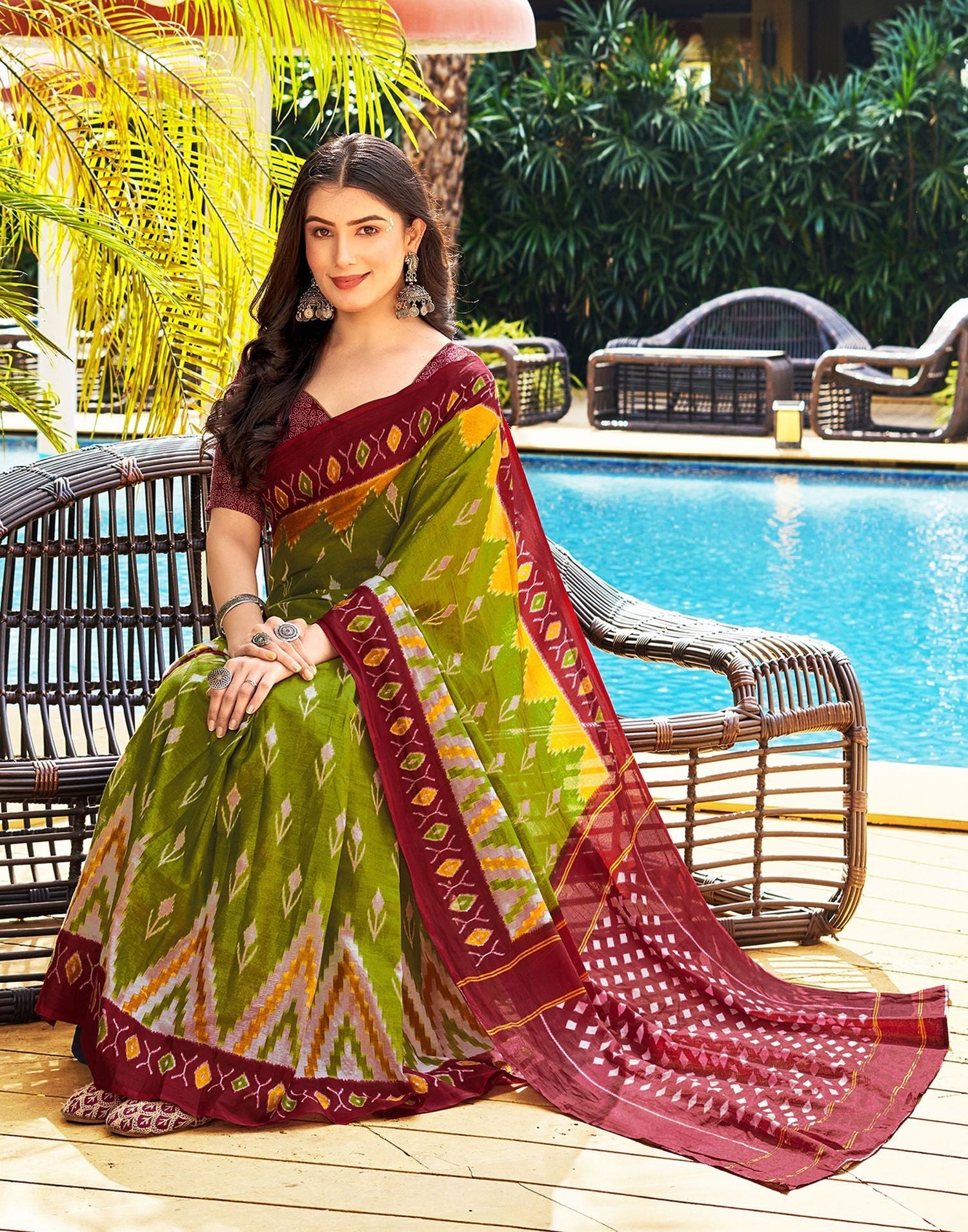 Light Olive Green Printed Cotton Saree