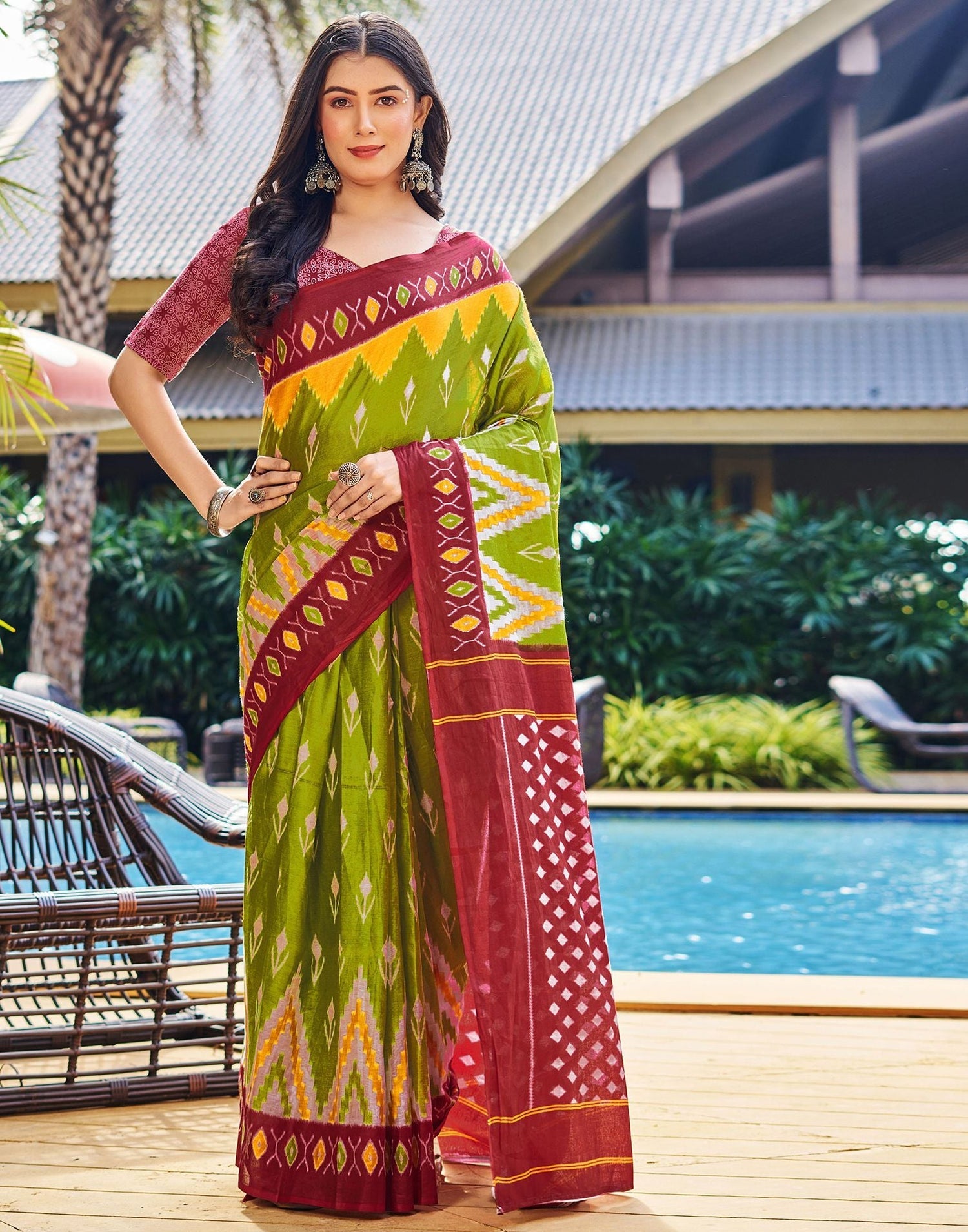 Light Olive Green Printed Cotton Saree