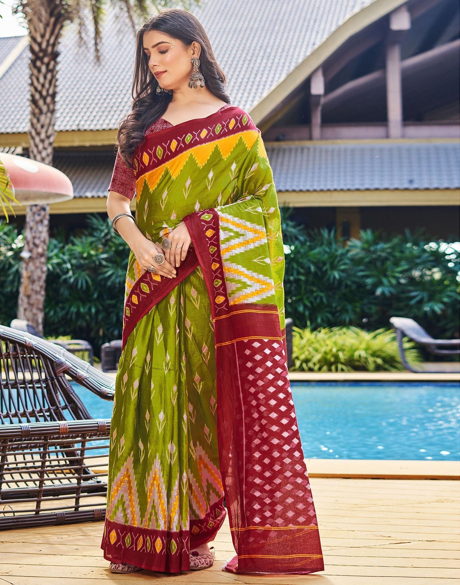 Light Olive Green Printed Cotton Saree