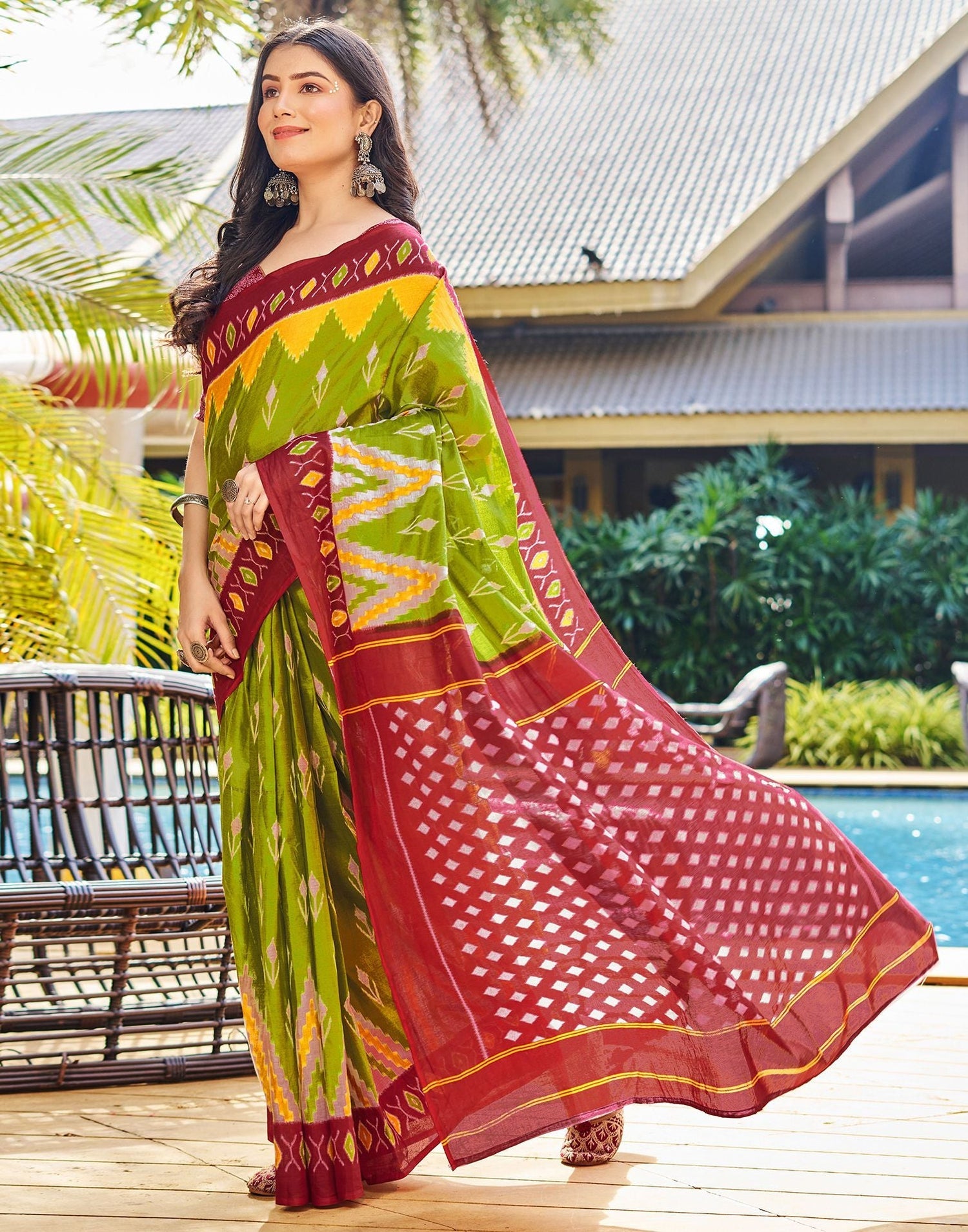 Light Olive Green Printed Cotton Saree