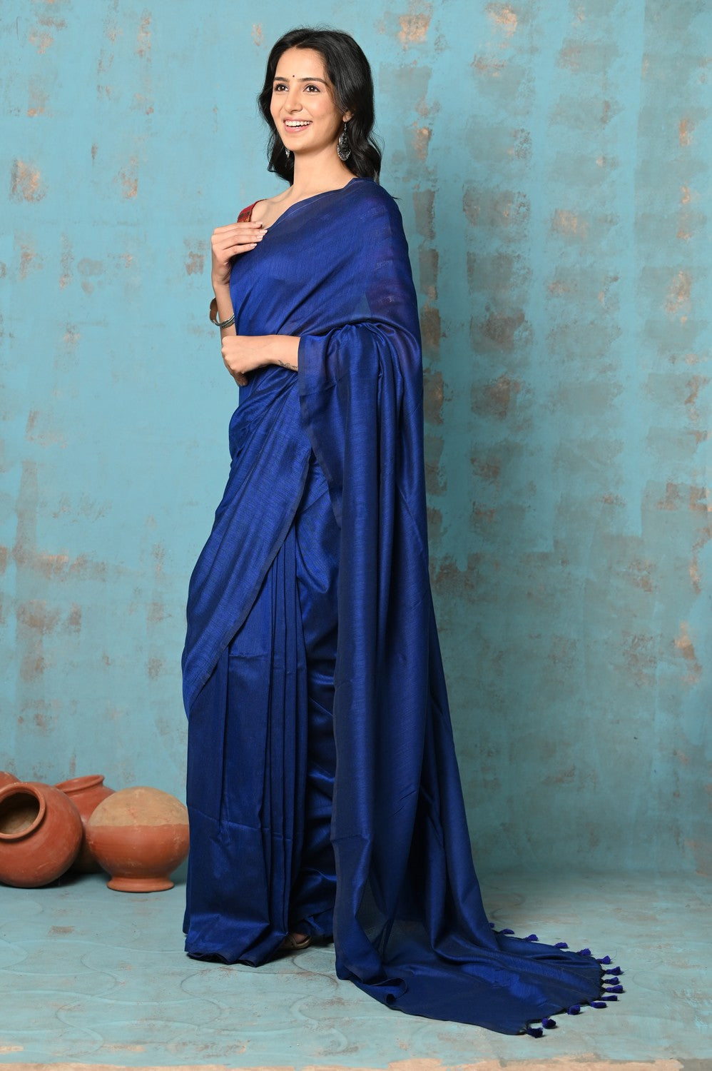 Exquisite Blue Mulmul Cotton Handloom Woven Saree