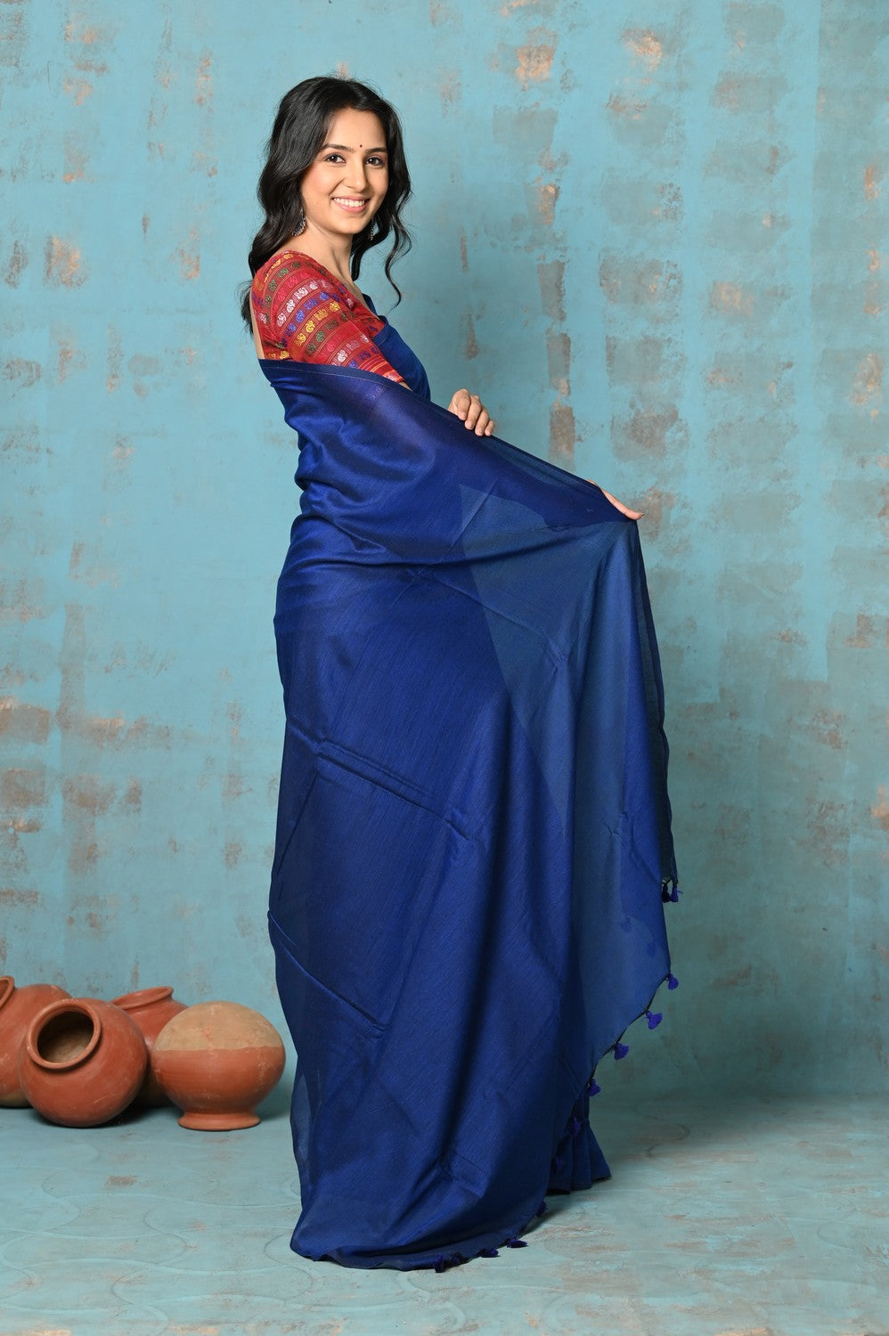 Exquisite Blue Mulmul Cotton Handloom Woven Saree