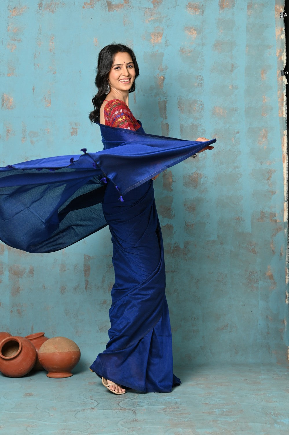 Exquisite Blue Mulmul Cotton Handloom Woven Saree