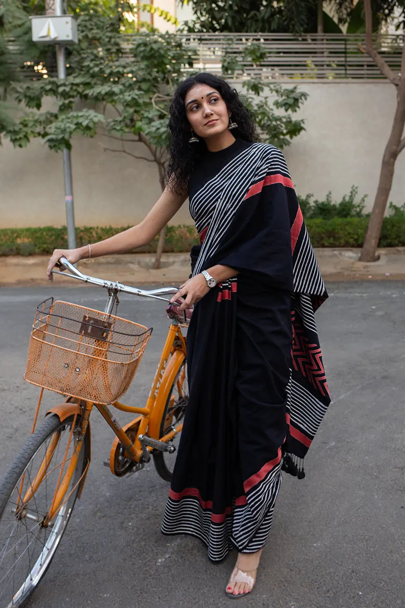 Classic Black Printed Cotton Saree