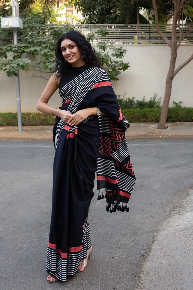 Classic Black Printed Cotton Saree