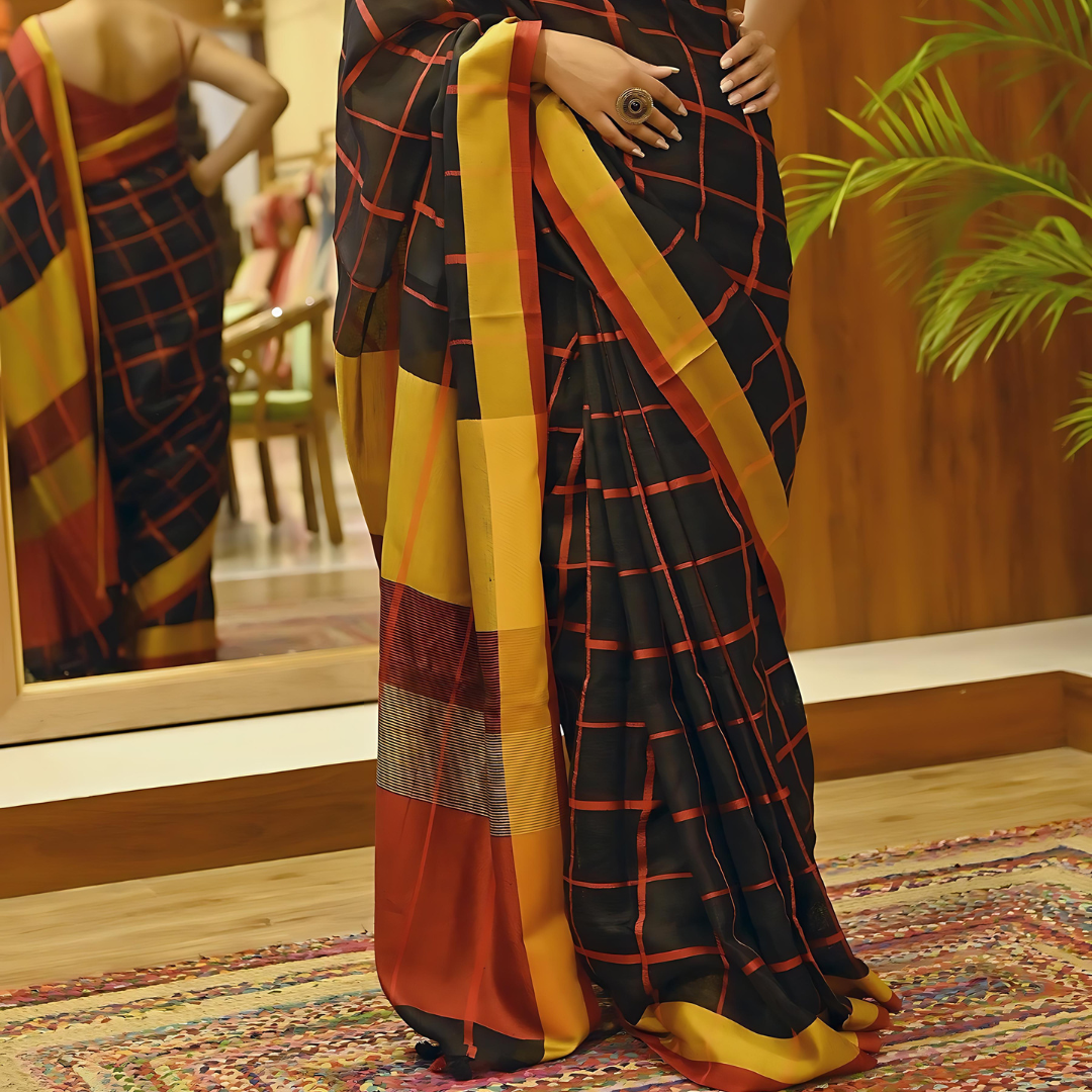 Black Pure Linen Checked Digital Printed Saree