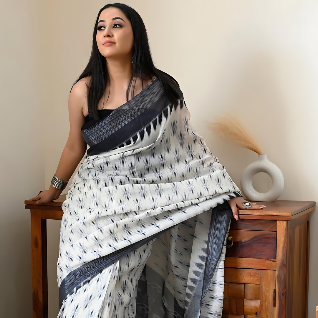 Cream and Black Pure Linen Digital Printed Saree