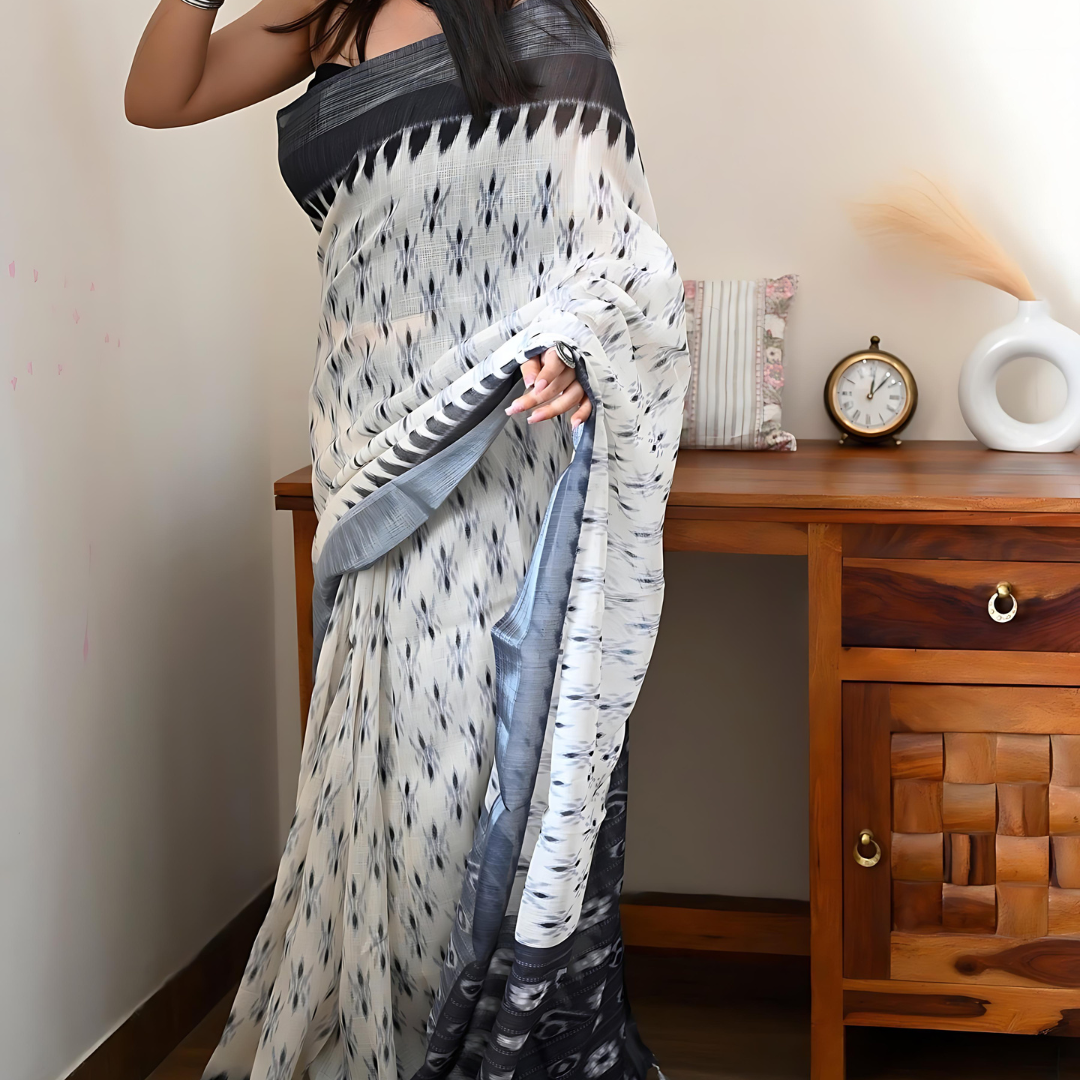 Cream and Black Pure Linen Digital Printed Saree