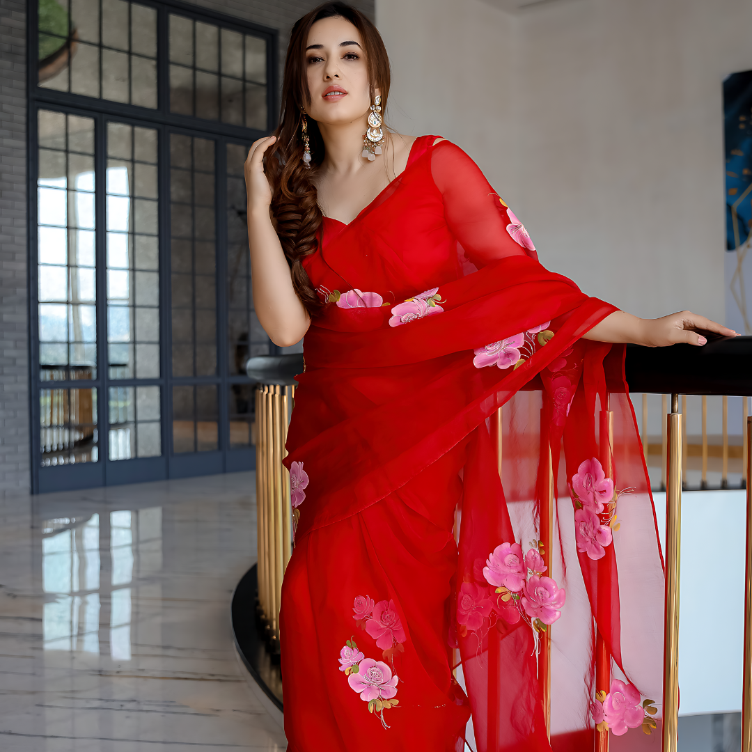 Red Love Embellished Printed Organza Silk Saree