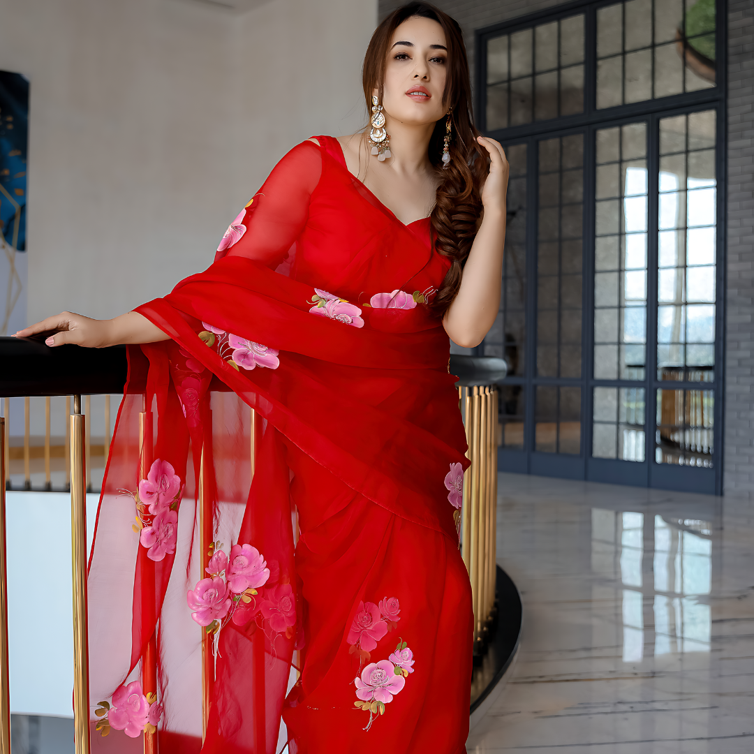 Red Love Embellished Printed Organza Silk Saree