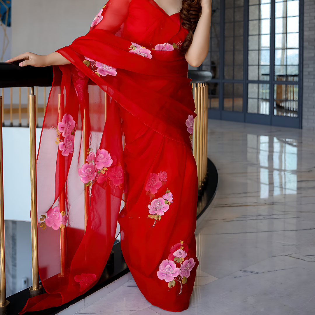 Red Love Embellished Printed Organza Silk Saree