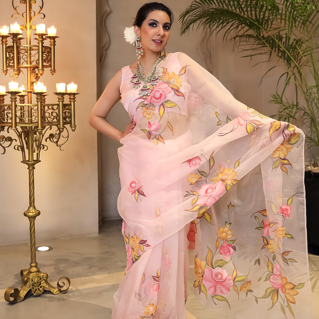 Peach Embellished Printed Organza Silk Saree