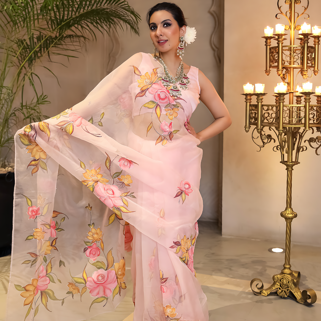 Peach Embellished Printed Organza Silk Saree