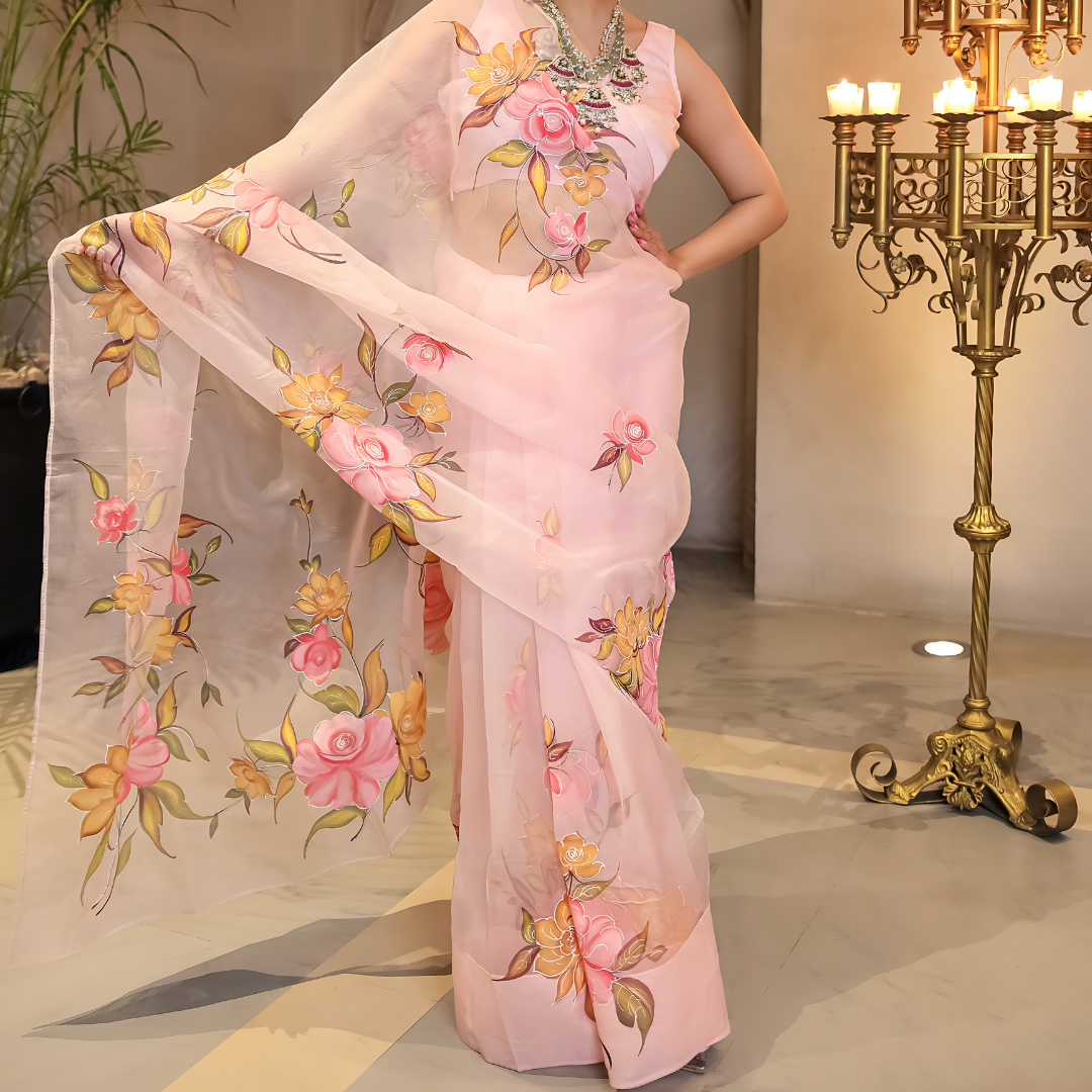 Peach Embellished Printed Organza Silk Saree