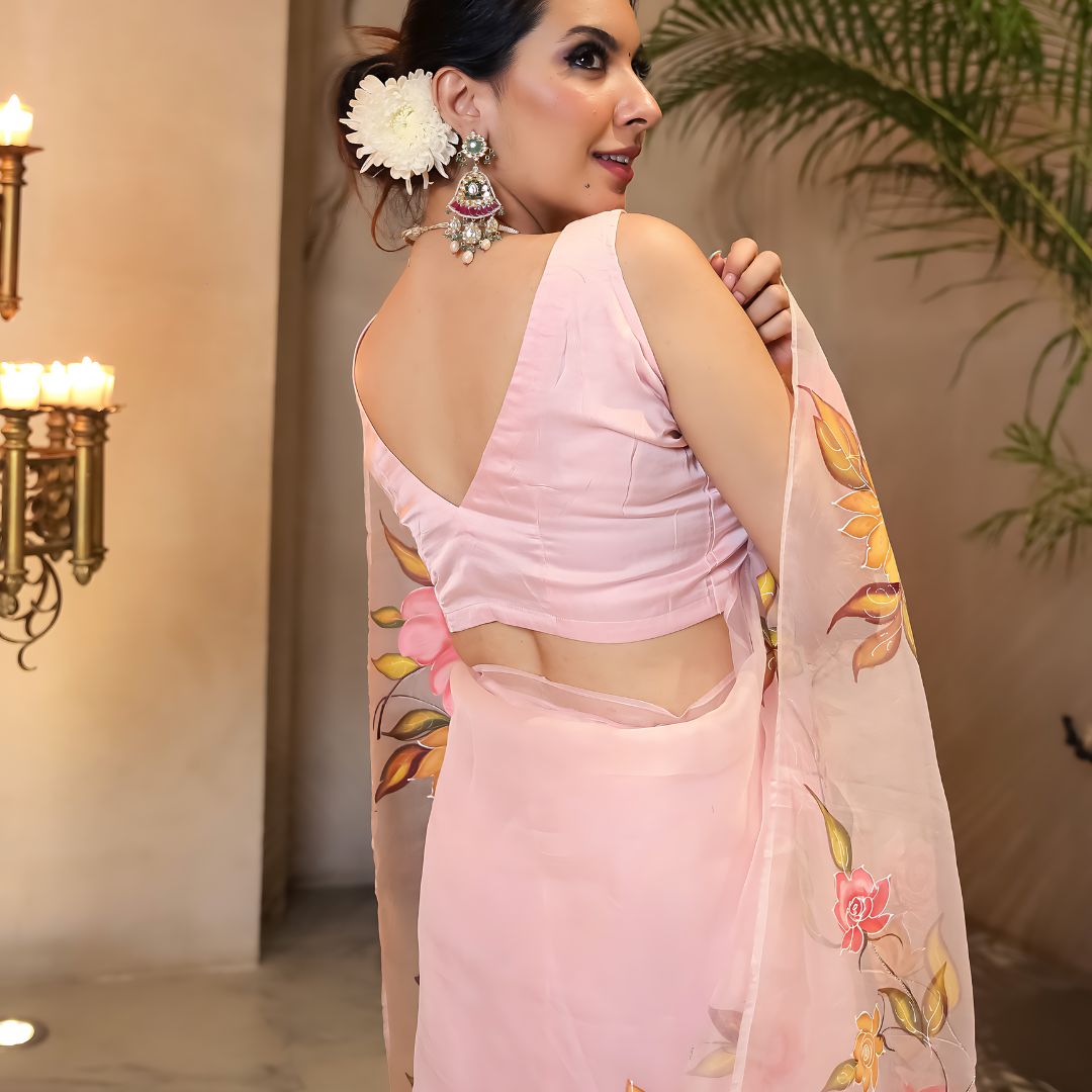 Peach Embellished Printed Organza Silk Saree