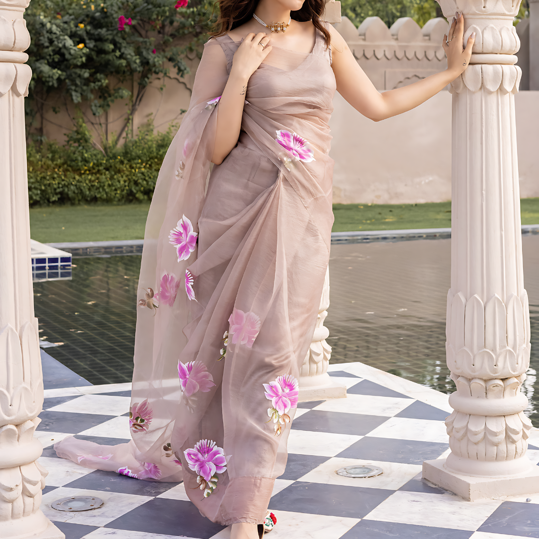 Oyster Pink Embellished Printed Organza Silk Saree