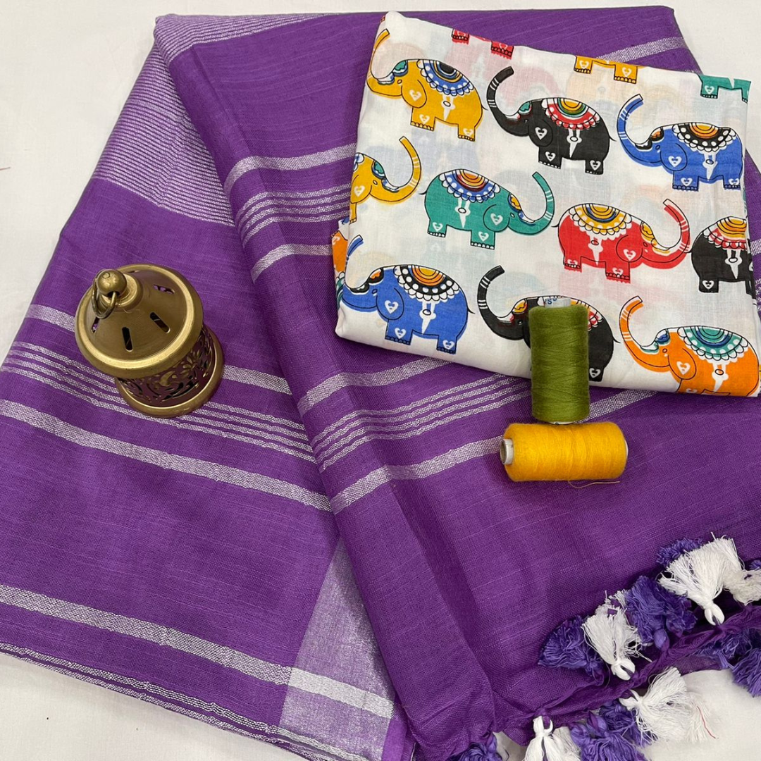 Luxurious Purple Plain Linen Saree with Unstitched Cotton Printed Blouse Piece