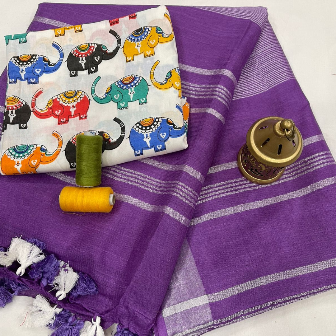 Luxurious Purple Plain Linen Saree with Unstitched Cotton Printed Blouse Piece