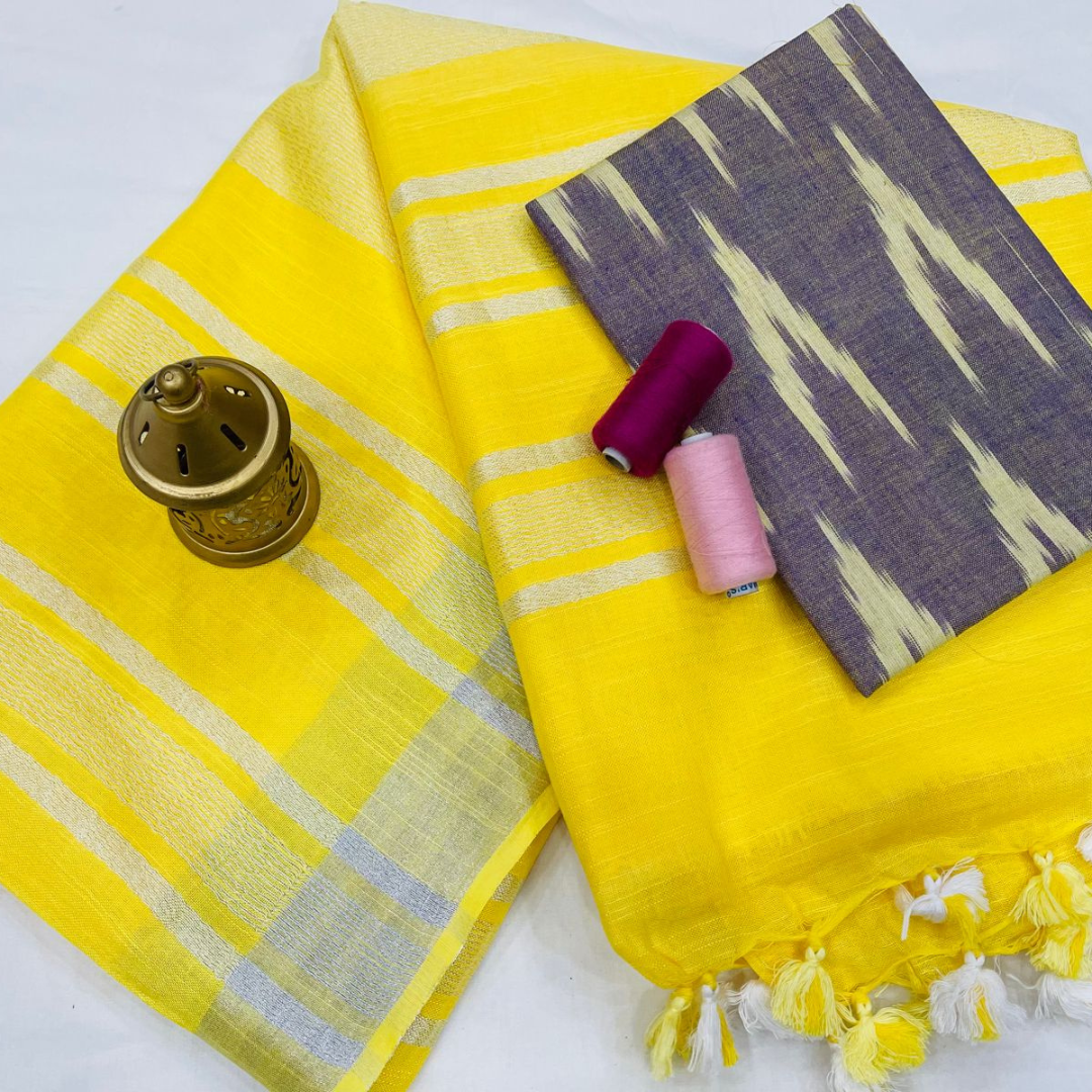 Luxurious Yellow Plain Linen Saree with Unstitched Cotton Printed Blouse Piece