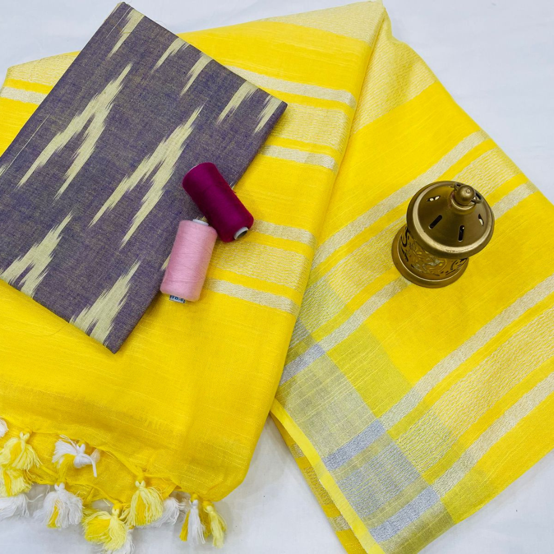 Luxurious Yellow Plain Linen Saree with Unstitched Cotton Printed Blouse Piece