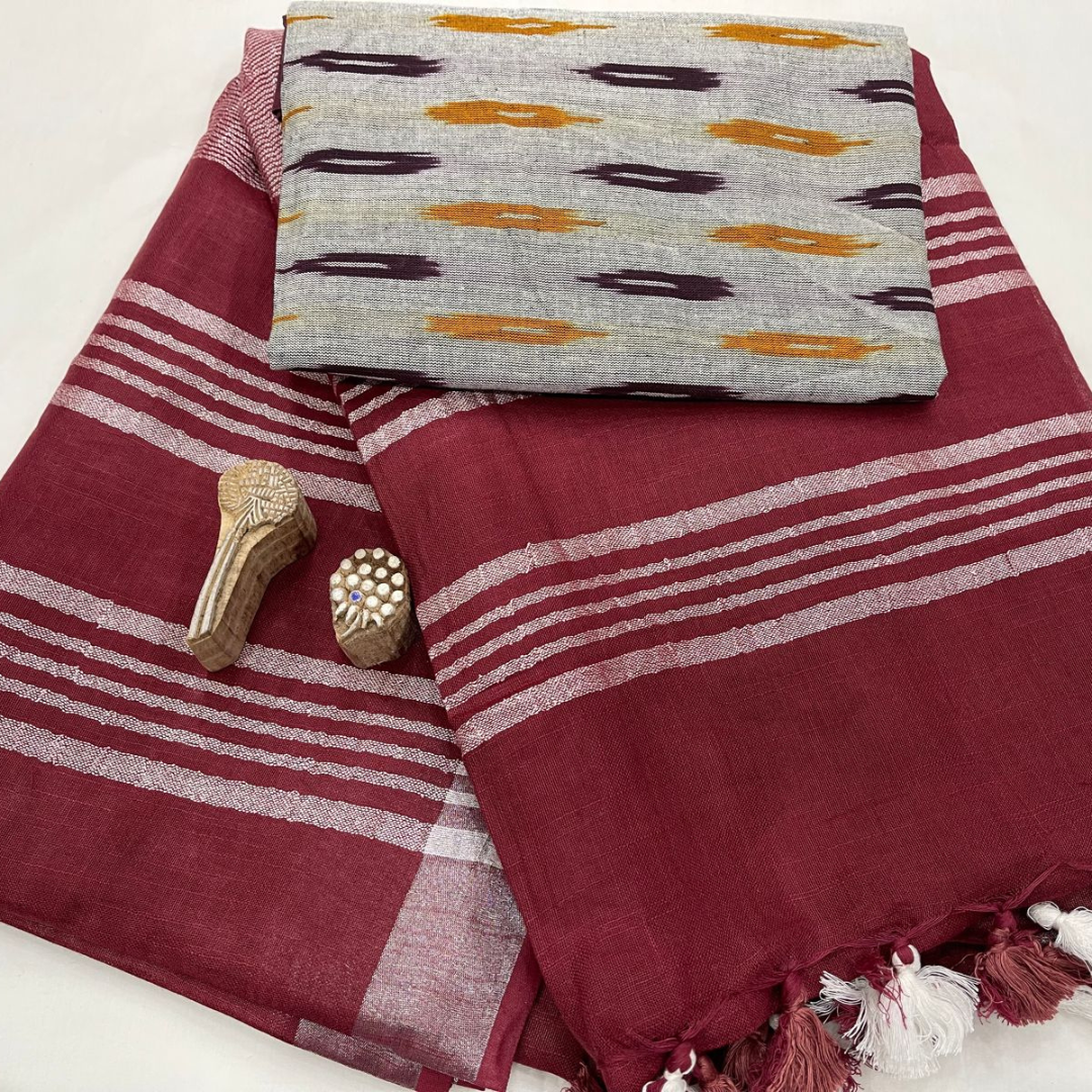 Luxurious Maroon Plain Linen Saree with Unstitched Cotton Printed Blouse Piece