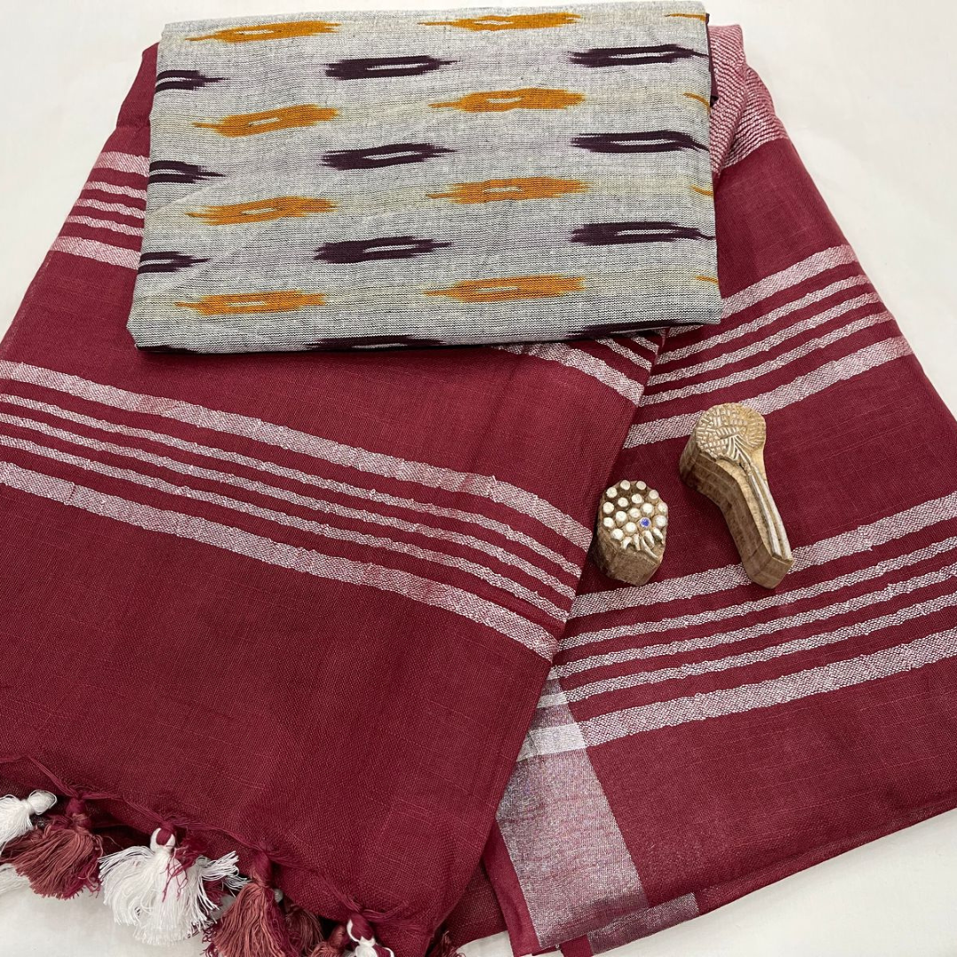 Luxurious Maroon Plain Linen Saree with Unstitched Cotton Printed Blouse Piece