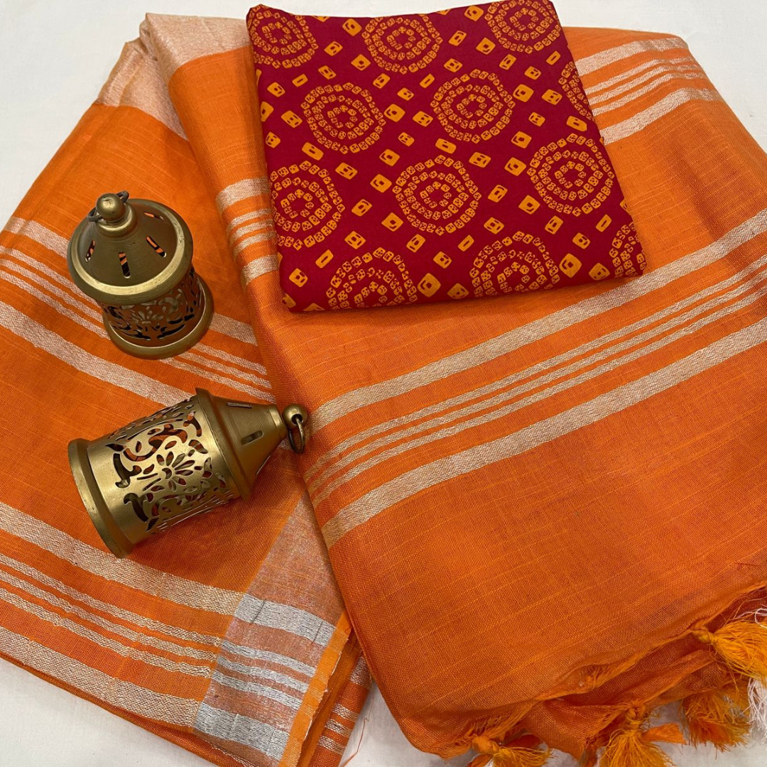 Luxurious Orange Plain Linen Saree with Unstitched Cotton Printed Blouse Piece