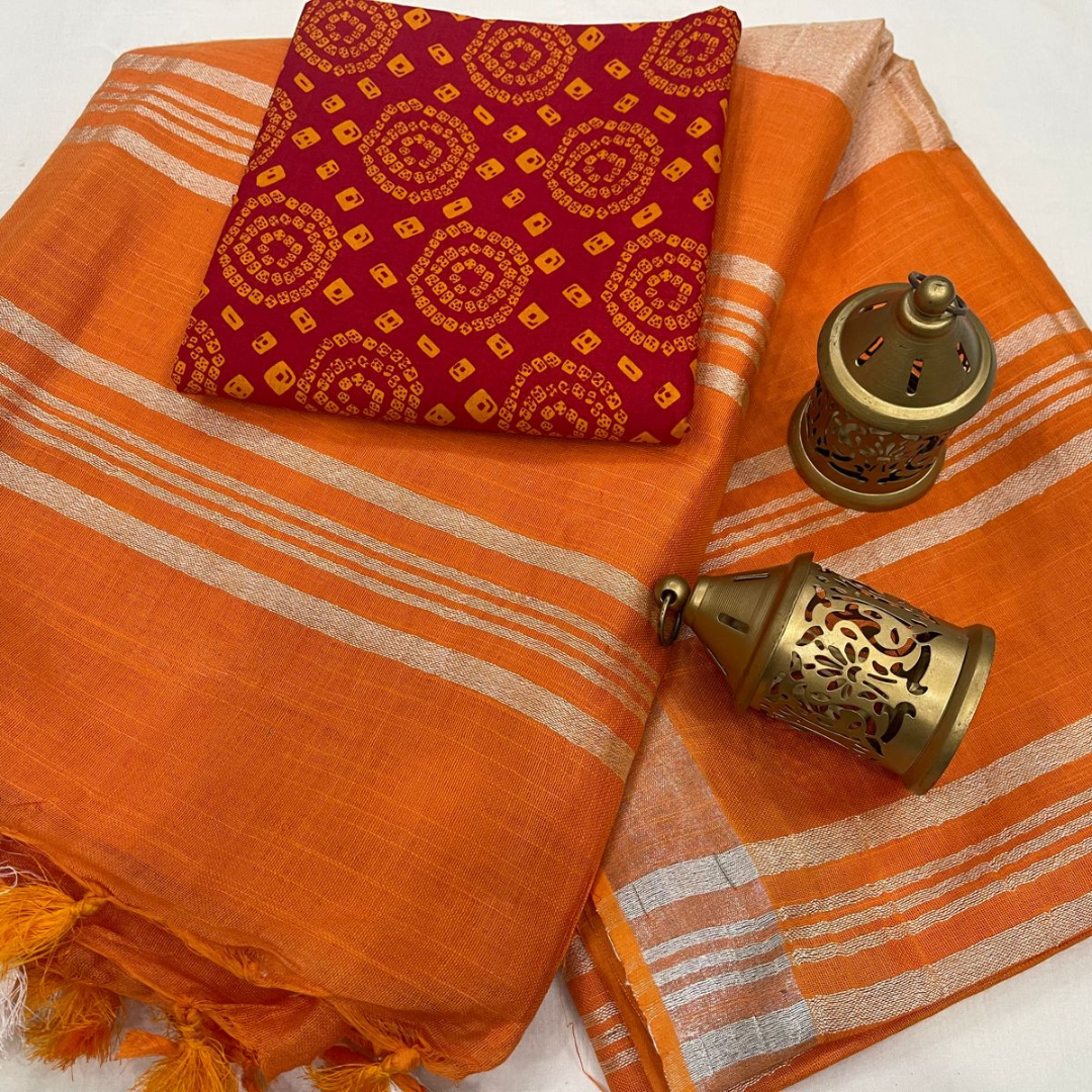 Luxurious Orange Plain Linen Saree with Unstitched Cotton Printed Blouse Piece