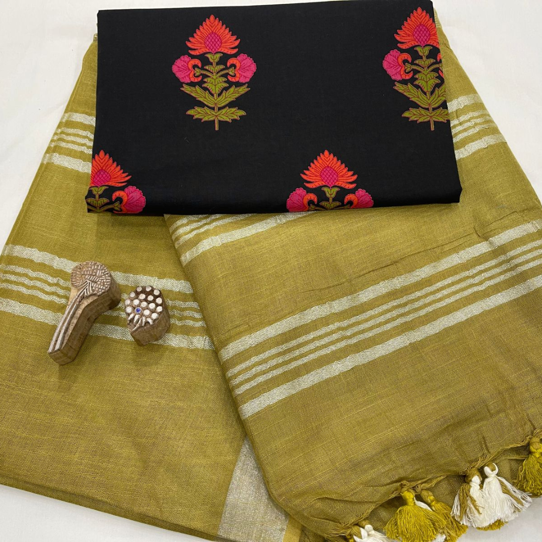 Luxurious Olive Tone Plain Linen Saree with Unstitched Cotton Printed Blouse Piece