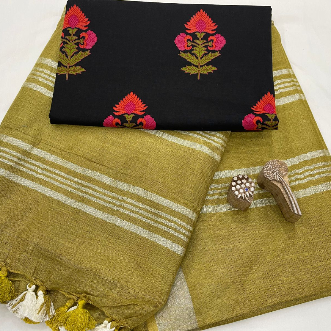 Luxurious Olive Tone Plain Linen Saree with Unstitched Cotton Printed Blouse Piece