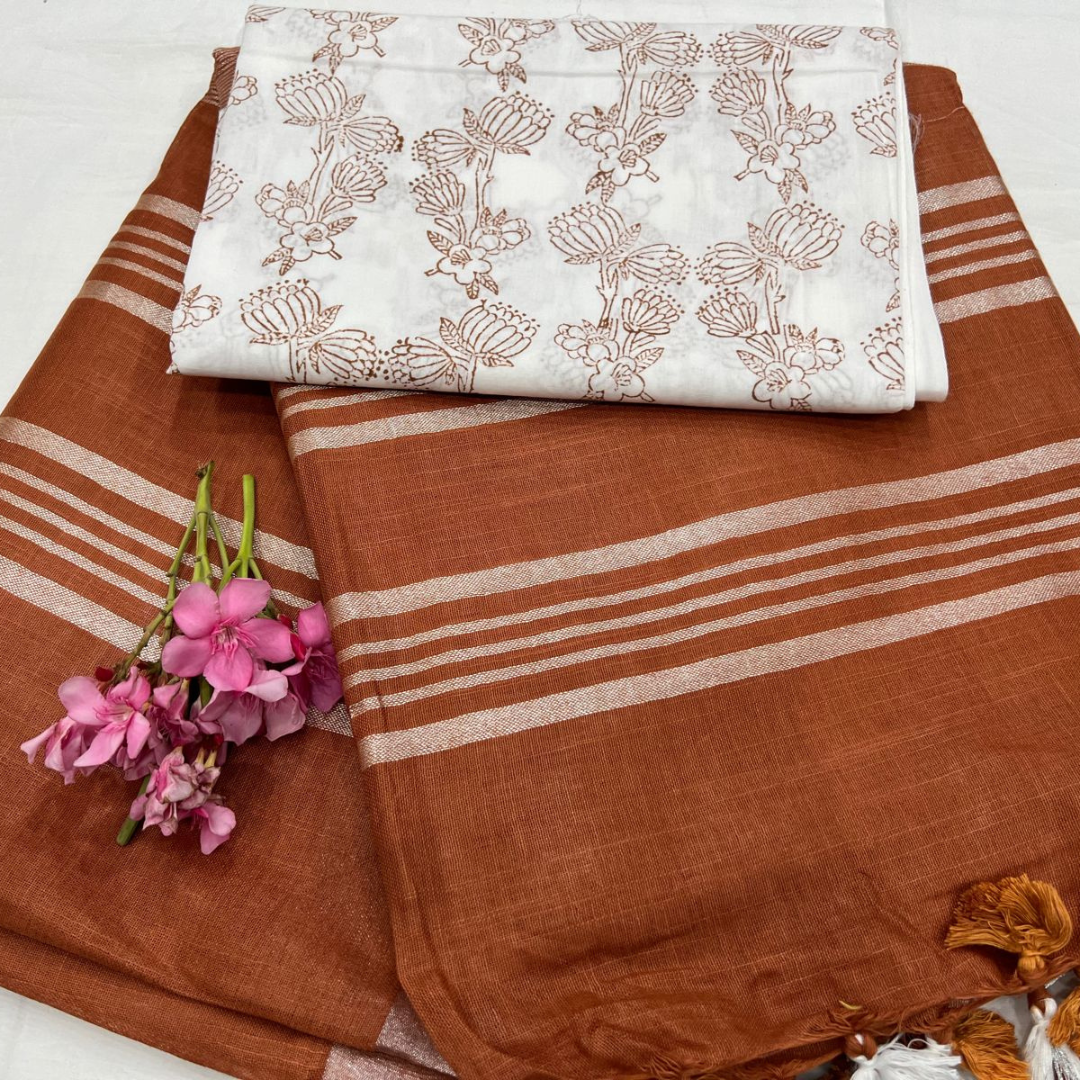 Luxurious Burnt Orange Plain Linen Saree with Unstitched Cotton Printed Blouse Piece