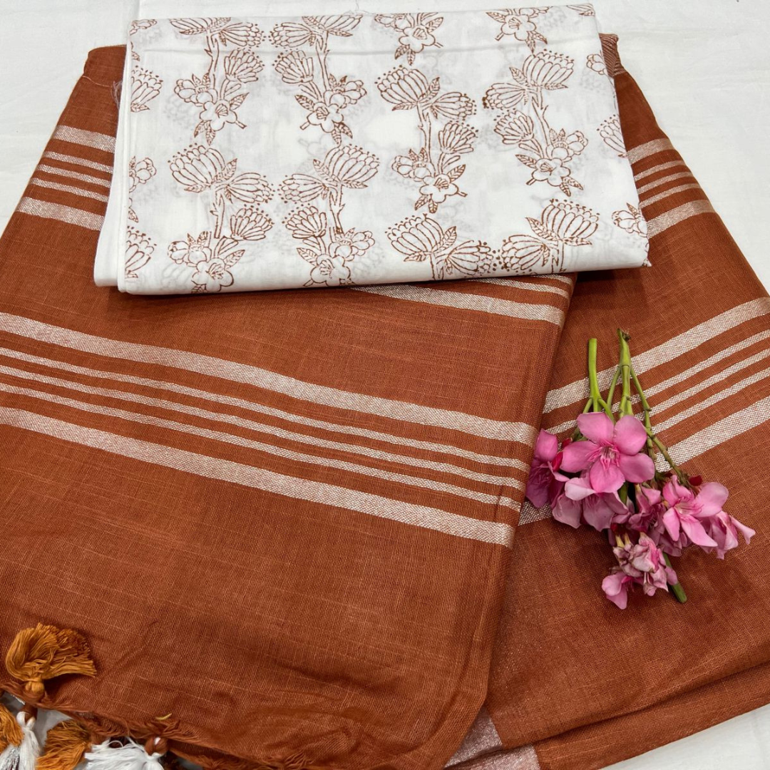 Luxurious Burnt Orange Plain Linen Saree with Unstitched Cotton Printed Blouse Piece