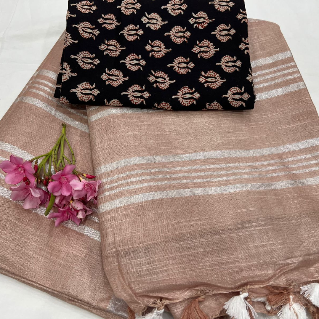 Luxurious Rich Light Brown Plain Linen Saree with Unstitched Cotton Printed Blouse Piece