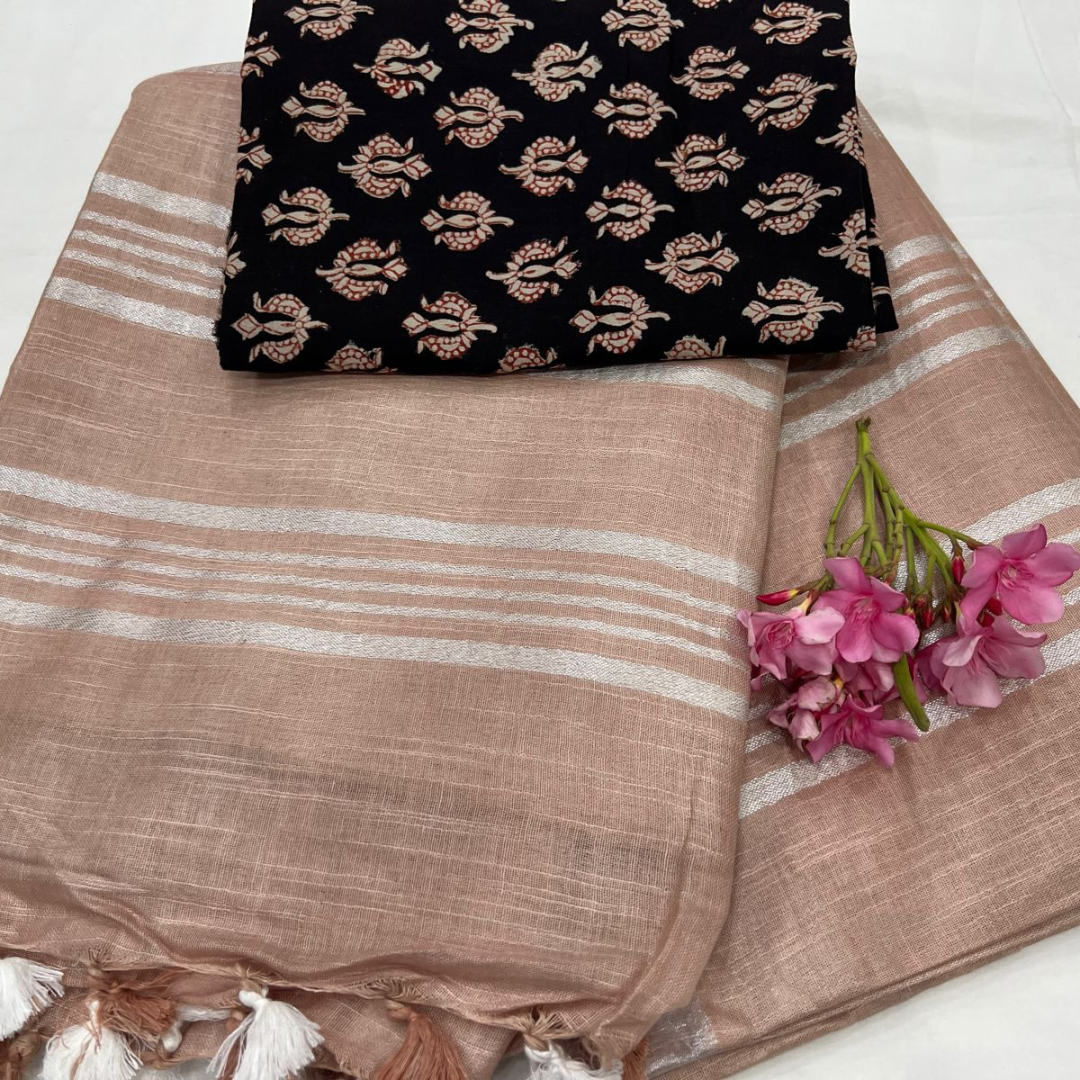 Luxurious Rich Light Brown Plain Linen Saree with Unstitched Cotton Printed Blouse Piece