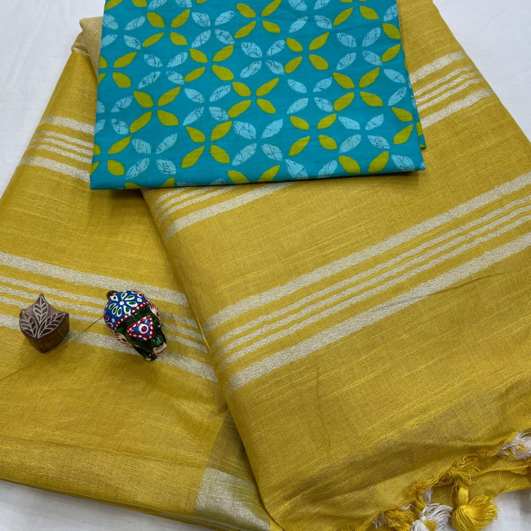 Luxurious Rich Golden Yellow Plain Linen Saree with Unstitched Cotton Printed Blouse Piece