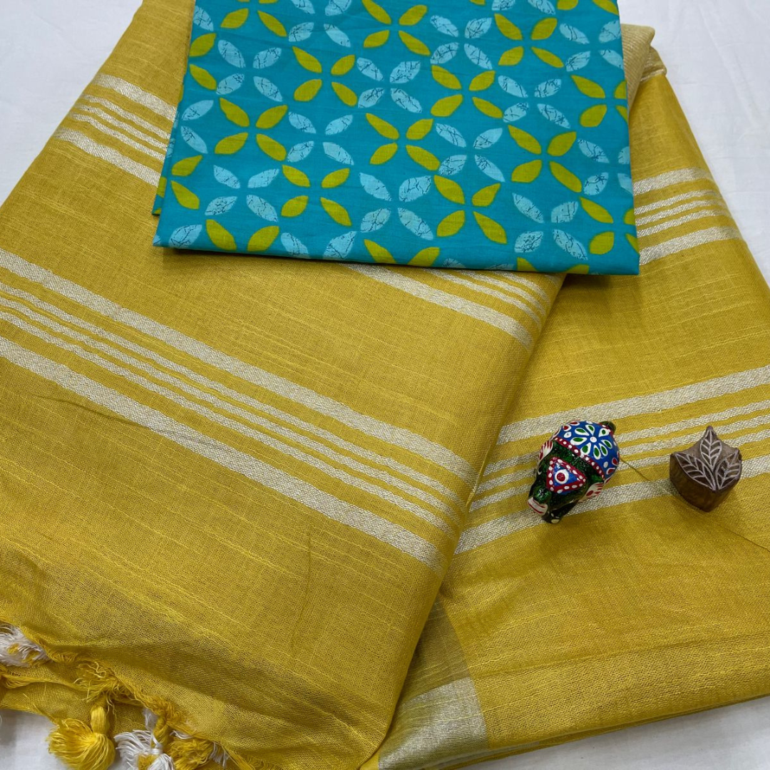 Luxurious Rich Golden Yellow Plain Linen Saree with Unstitched Cotton Printed Blouse Piece