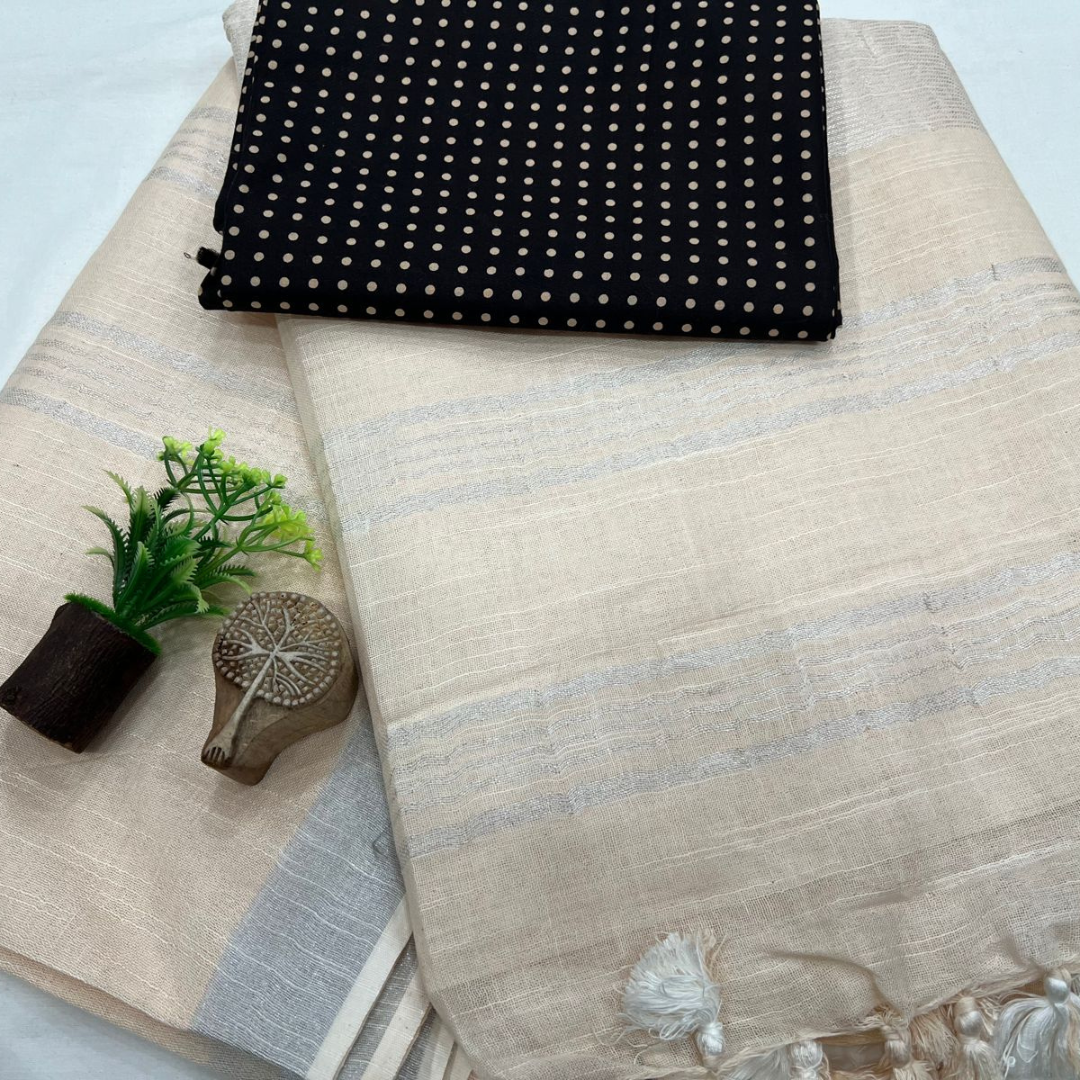 Luxurious Rich Silver Cream Plain Linen Saree with Unstitched Cotton Printed Blouse Piece