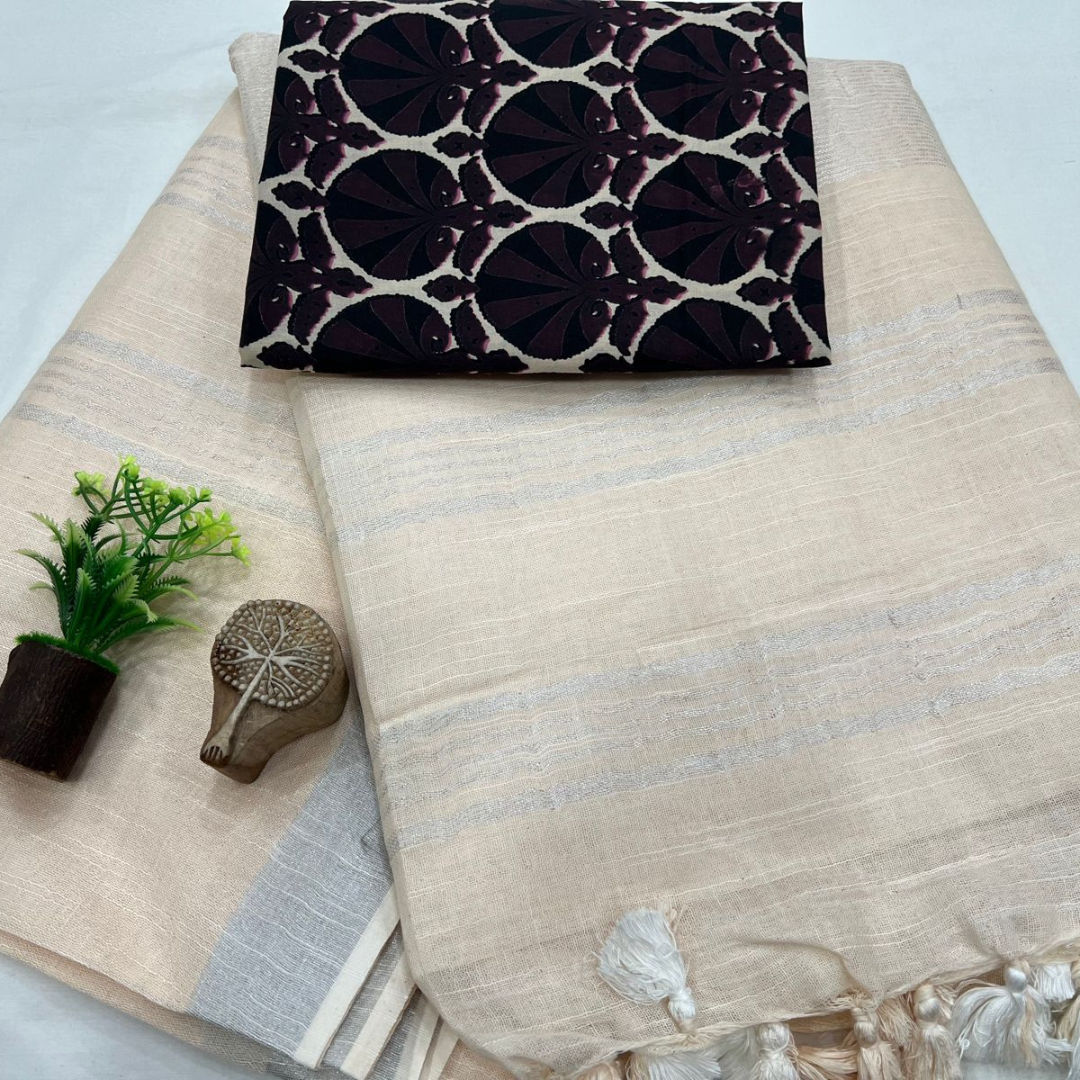 Luxurious Beige Plain Linen Saree with Unstitched Cotton Printed Blouse Piece