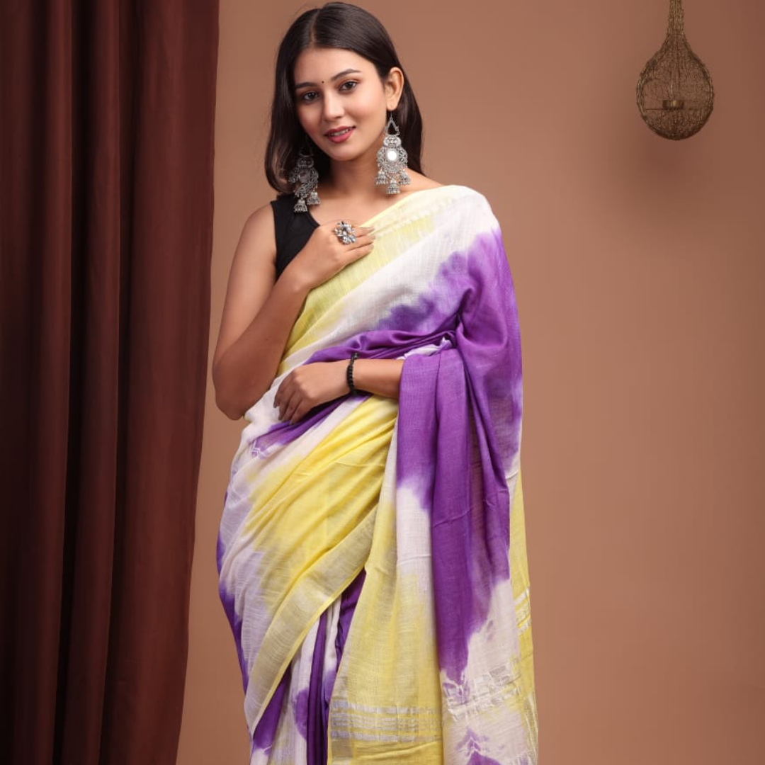 Luxurious Purple & Yellow Printed Linen Saree with Unstitched Cotton Printed Blouse Piece