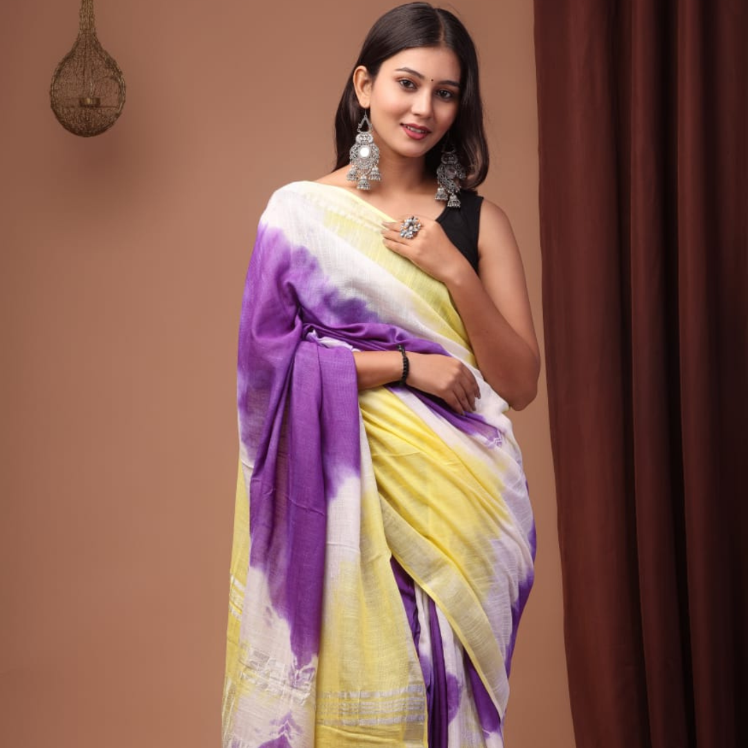 Luxurious Purple & Yellow Printed Linen Saree with Unstitched Cotton Printed Blouse Piece