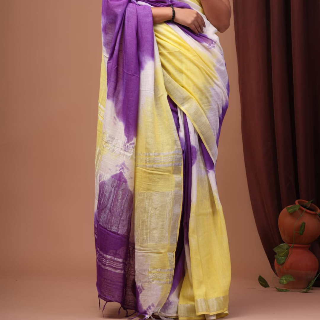 Luxurious Purple & Yellow Printed Linen Saree with Unstitched Cotton Printed Blouse Piece