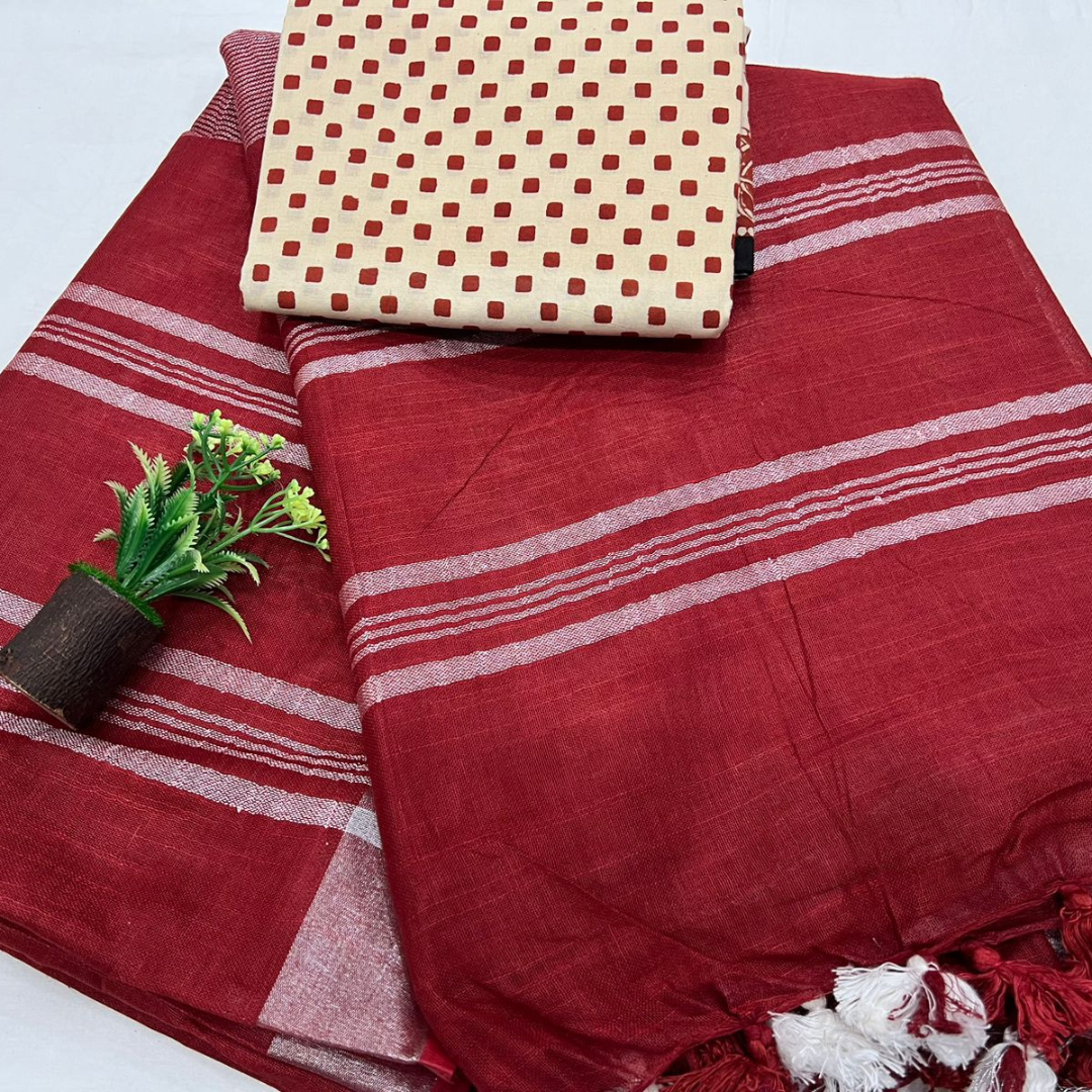 Luxurious Elegance- Red Plain Linen Saree with Unstitched Cotton Printed Blouse