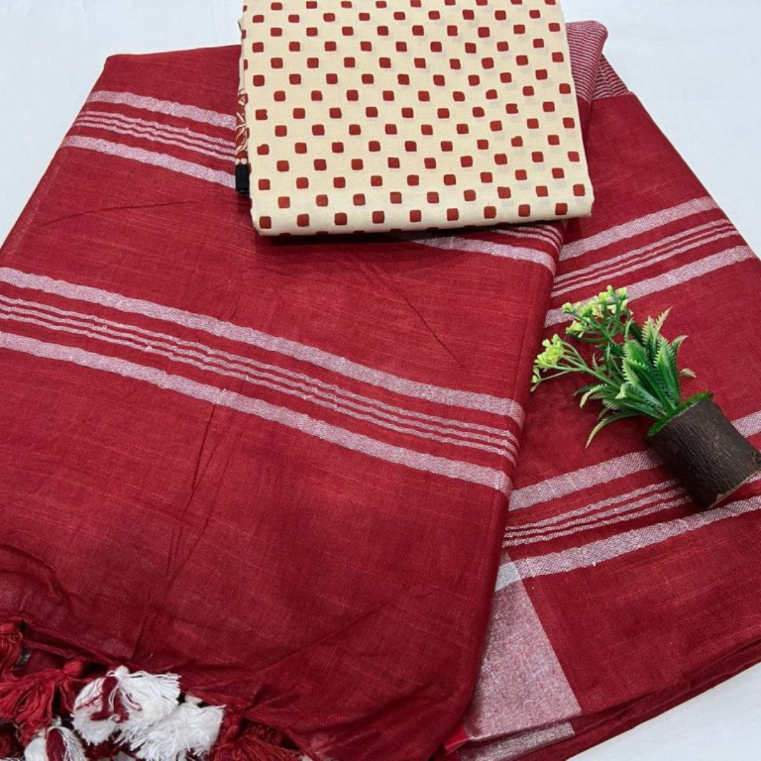 Luxurious Elegance- Red Plain Linen Saree with Unstitched Cotton Printed Blouse