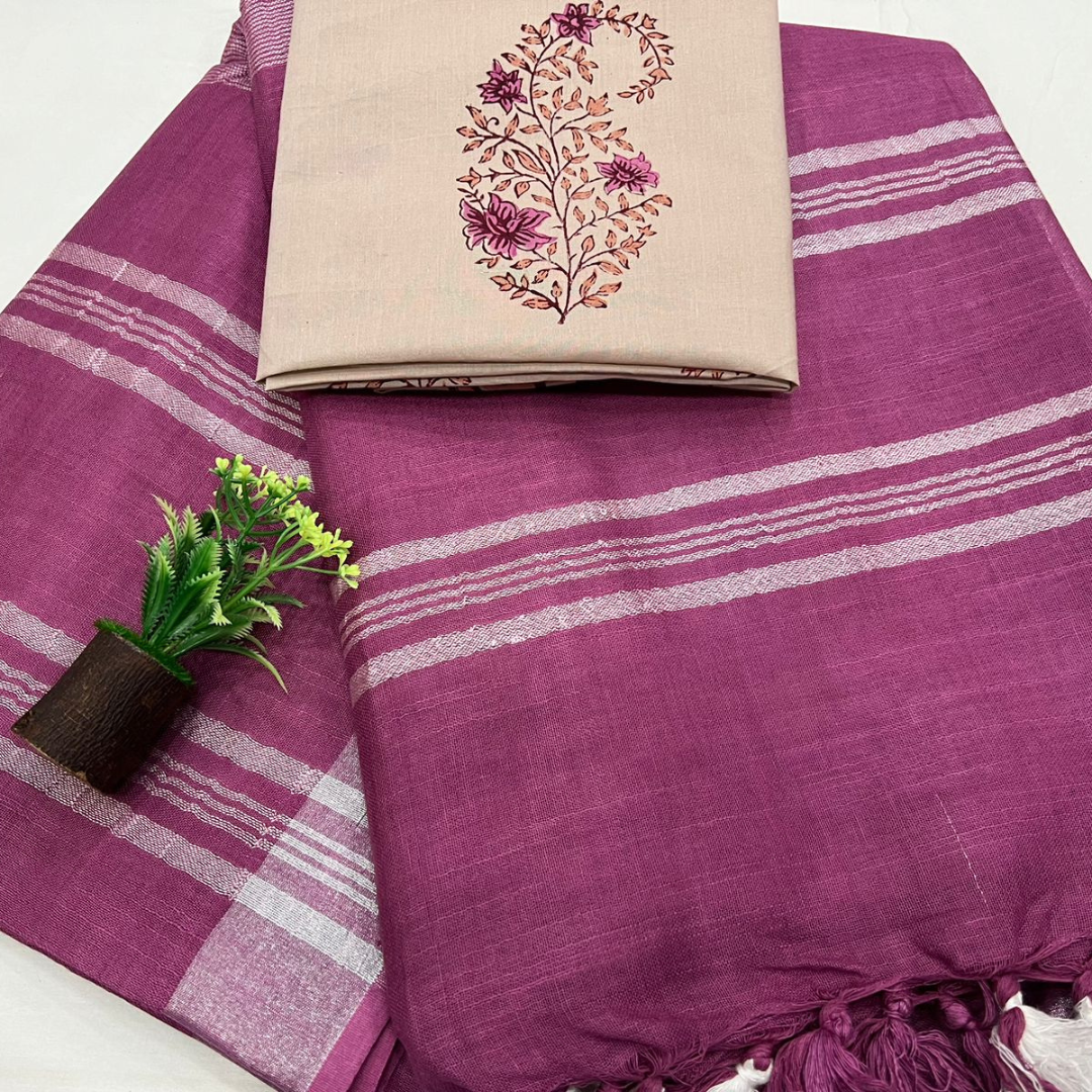 Luxurious Linen Saree with Cotton Printed Blouse