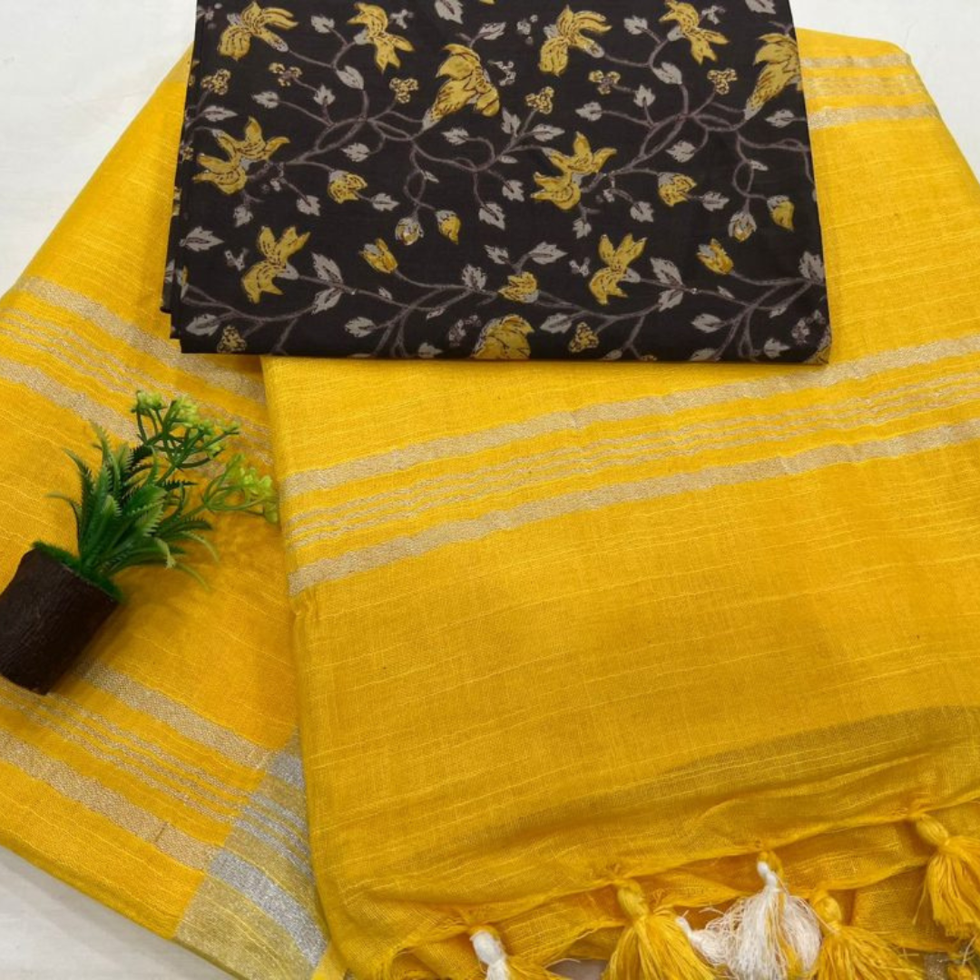 Luxurious Yellow Plain Linen Saree with Unstitched Cotton Printed Blouse