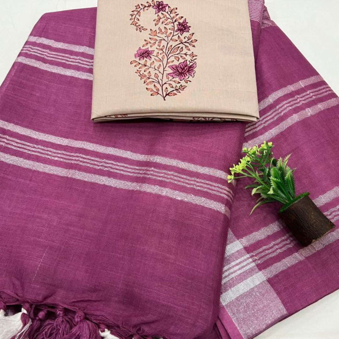 Luxurious Linen Saree with Cotton Printed Blouse