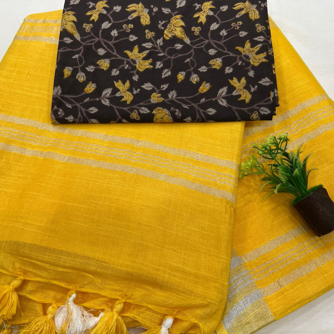 Luxurious Yellow Plain Linen Saree with Unstitched Cotton Printed Blouse