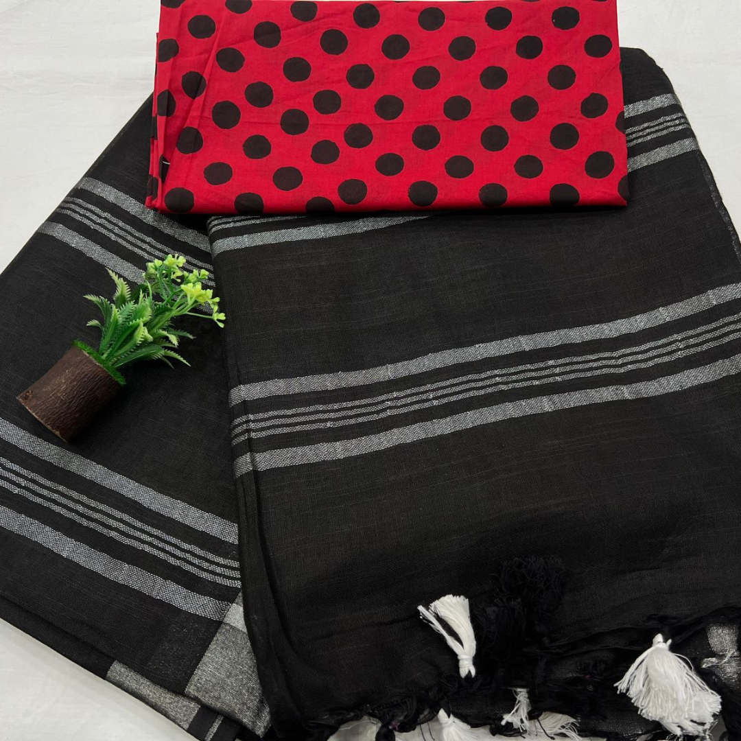 Luxurious Black Linen Saree with Cotton Printed Blouse