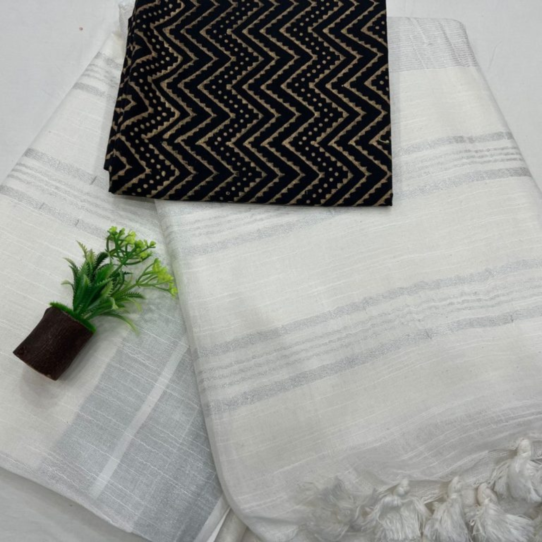 Luxurious White Plain Linen Saree with Unstitched Cotton Printed Blouse